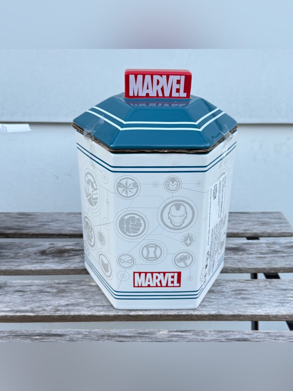 Marvel White and Blue Hexagonal Storage Tin with Red Logo Handle